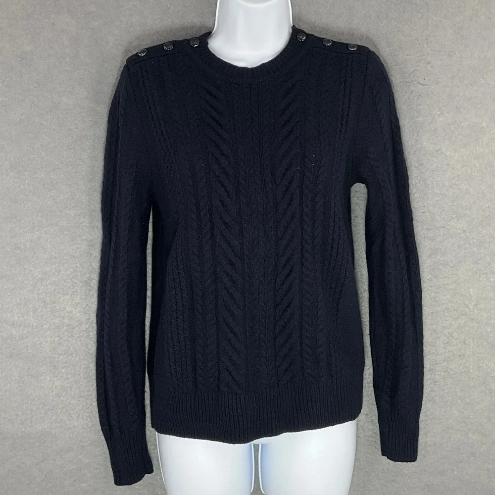 J. Crew‎ Womens Sz M Blue Cable Knit Wool Sweater Shoulder Buttons